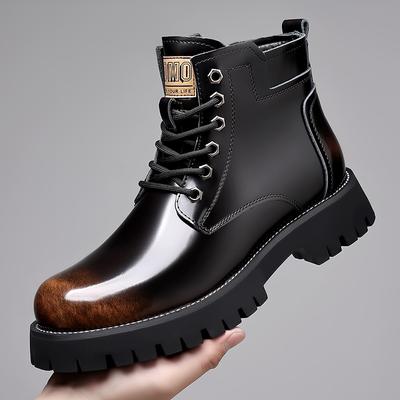Hochwertige Glänzende Echte Leder Herrenstiefel Winter Plateau Stiefeletten Herren Hohe Motorradstiefel Mode Flache Designerschuhe