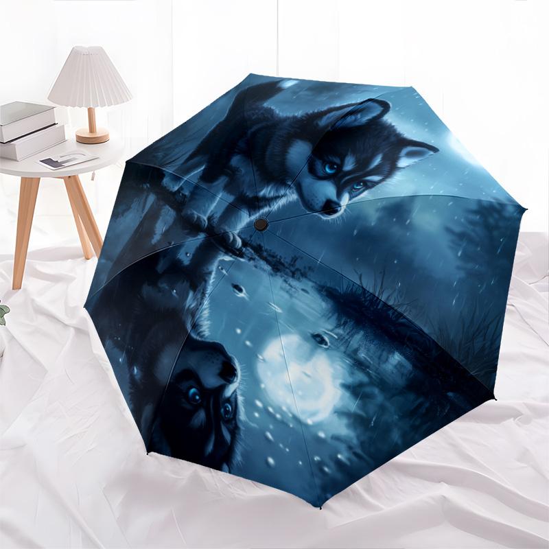 Dog with the Moon  pattern, automatic folding umbrella, portable and foldable design, 8 ribs, a Christmas or birthday gift.
