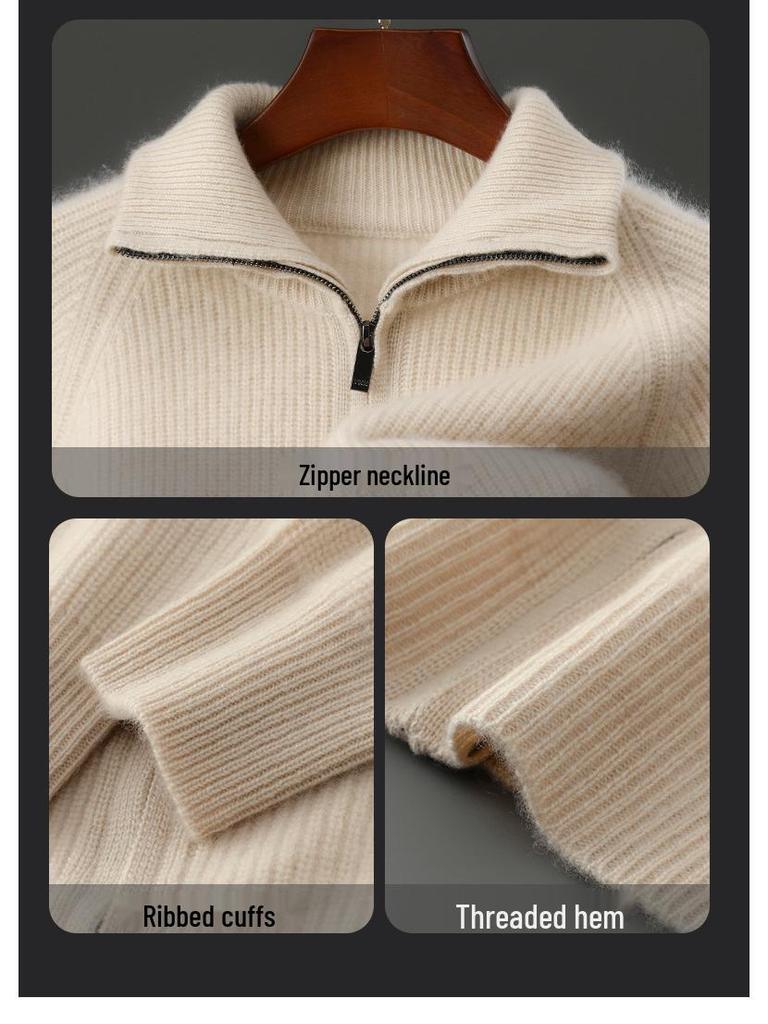 Men's Double-Ply Pure Wool High Neck Zipper Cardigan - Thickened Loose Casual Knit Sweater for Autumn and Winter.