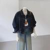 Women's Dark Blue Denim Jacket, Workwear-Inspired, Autumn Korean Style, Casual Pocket Design, Slimming Fit.