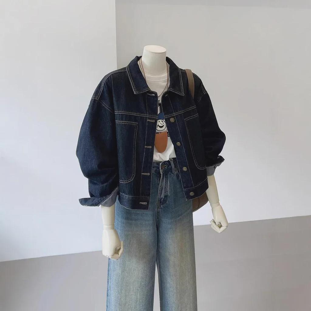 Women's Dark Blue Denim Jacket, Workwear-Inspired, Autumn Korean Style, Casual Pocket Design, Slimming Fit.