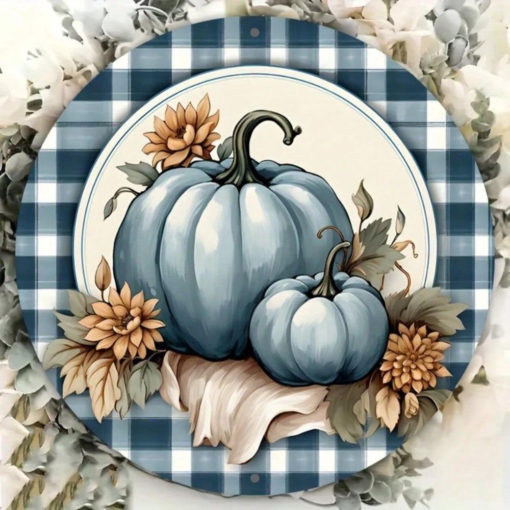 8x8 Inch Blue Pumpkin Metal Wall Art Round Wreath Sign Halloween Christmas Home Decor