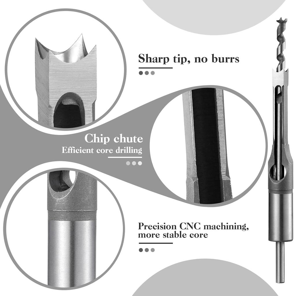 Gisafai Square Hole Drill Bit Adapter and Square Hole Drill Bit Set for Wood Mortising Attachment Drill Press Hollow Chisel Mortise Drill Tool for