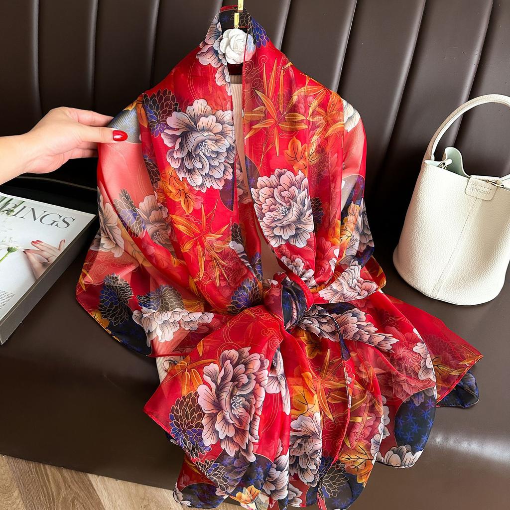 High Quality Female Pretty Scarf Sunscreen Shawl Seaside Beach Flower Design Georgette Thin Silk Scarf Women Scarves