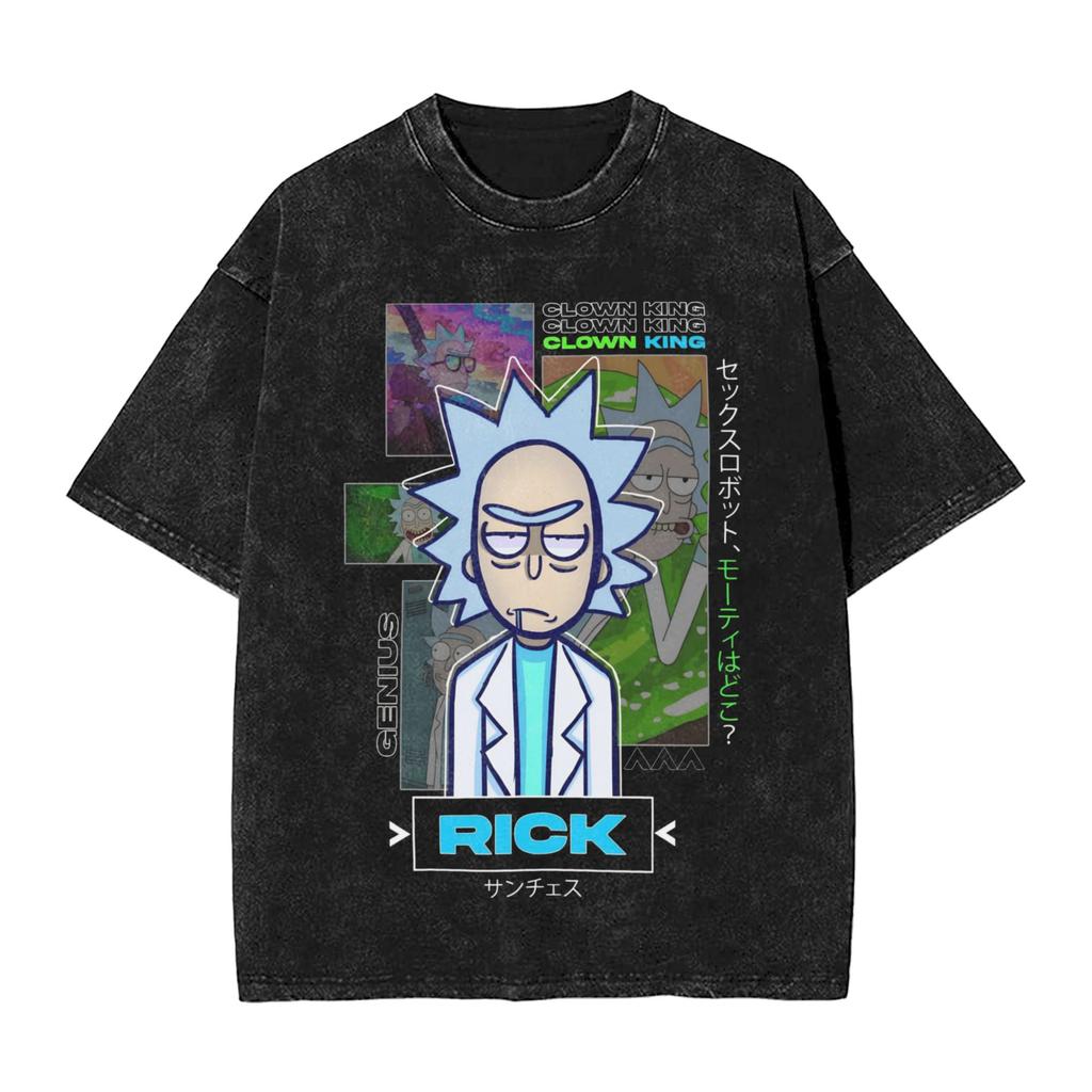 R-Rick and M-Morty Vintage Washed T-Shirt Men Polyester Clothing Kawaii Adventure Crewneck Short Sleeve