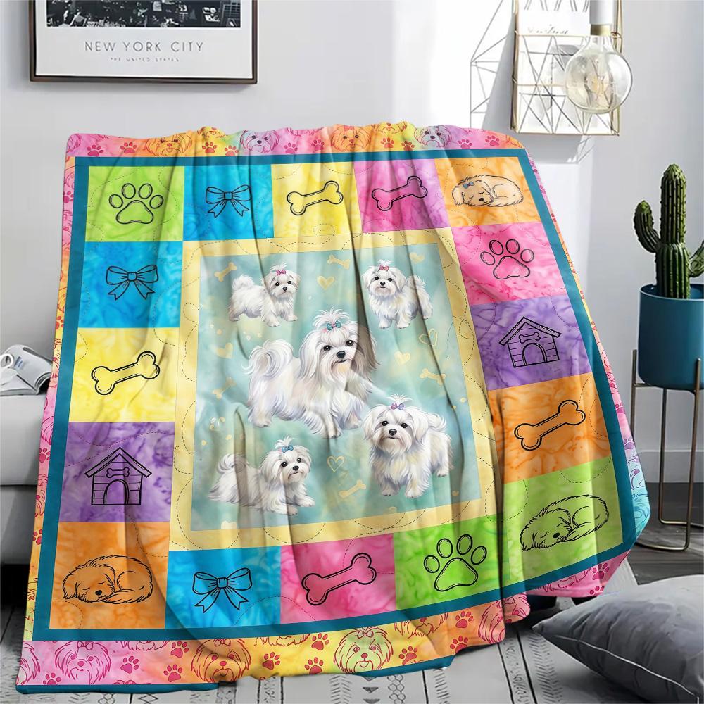 1Pc Colorful Dog Puzzle Print Flannel Blanket High Quality Warm Comfortable Cover for All Seasons Perfect for Gifts Home Decor