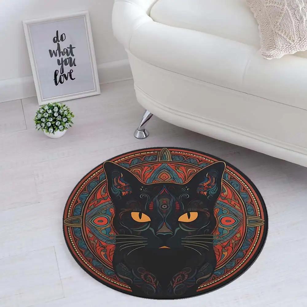 2D Flache, Runde Matte - Schwarze Katze mit Leuchtenden Augen Design, Rutschfeste Rückseite & Anti-Rutsch-Aufkleber, Hochwertiger 800gsm Kristallvelours
