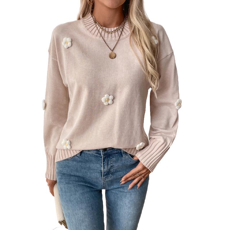 2025 Autumn European & American Casual Sweet Style Floral Knit Pink Round Neck Women's Pullover Sweater