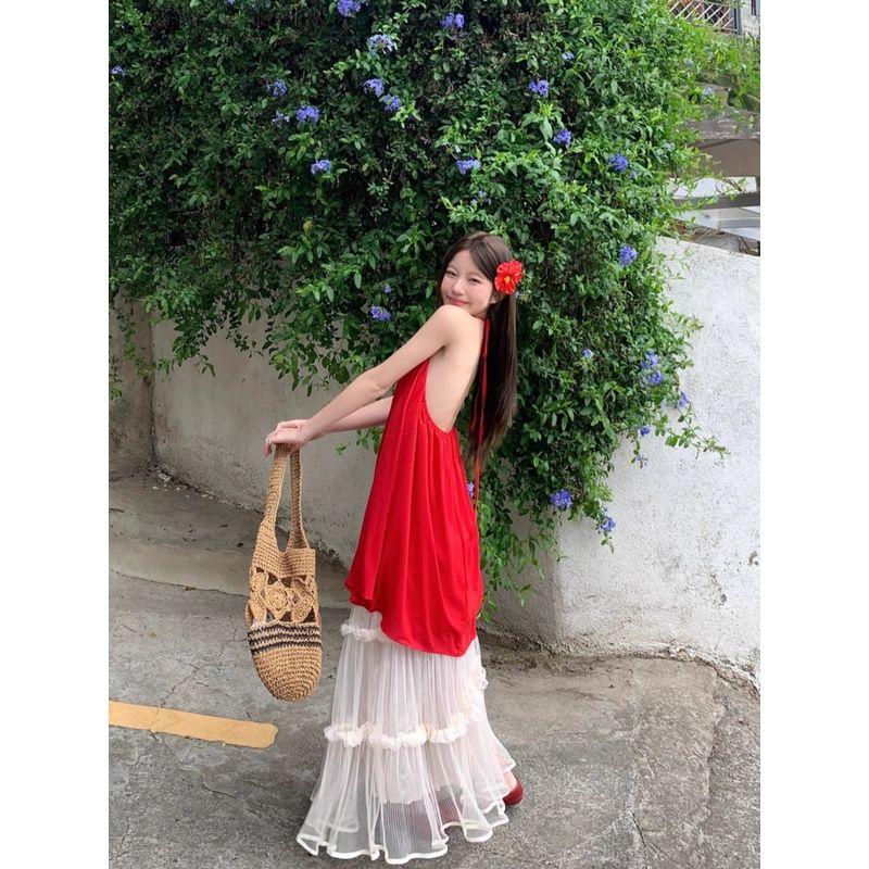 Kumikumi Gentle Sweet Girl Set Red Hanging Neck Cami Women Clothes Summer Mesh Skirt Two-piece Set