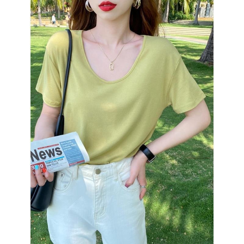 Modal Cotton Short-sleeved Loose T-shirt for Women New V-neck T-shirt Ice Silk Top Summer Green Half-sleeve