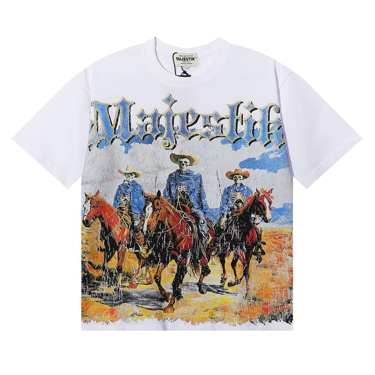 Summer Men s and Women s Majestik Western Skeleton Cowboy Graphic T-Shirt, Vintage Washed Streetwear Tee S