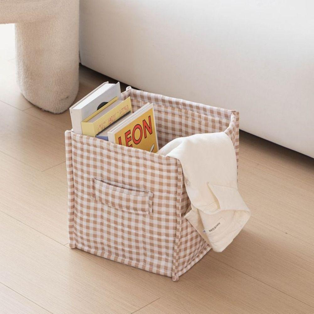 Quilted Fabric Desktop Storage Box Plaid Print Underwear Socks Storage Basket Makeup Organizer