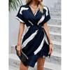 Women's Elegant V-Neck Shirt Dress with Waist Knot and Asymmetrical Hem
