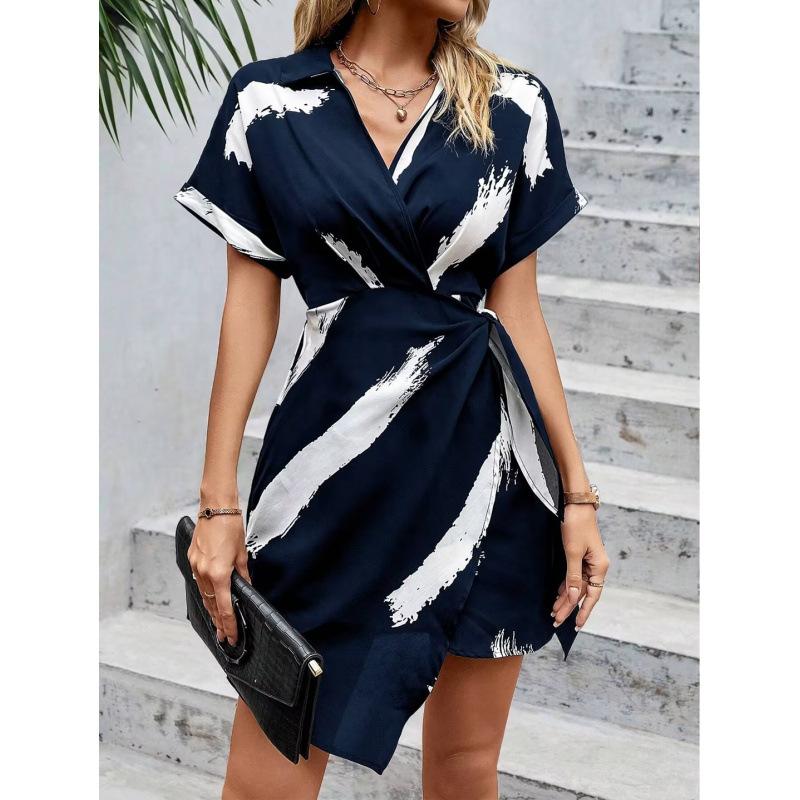 Women's Elegant V-Neck Shirt Dress with Waist Knot and Asymmetrical Hem