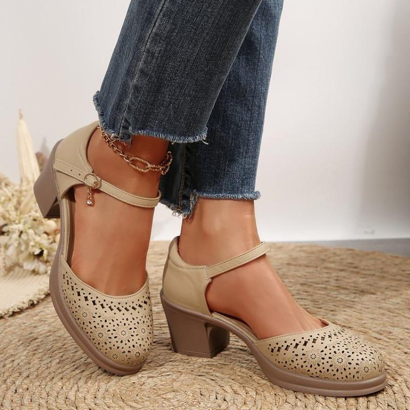 Women Retro Rome Sandals Summer Ankle Strap High Heels Hollow Out Breathable Pumps Woman Comfortable Chunky Heeled Platform Shoe