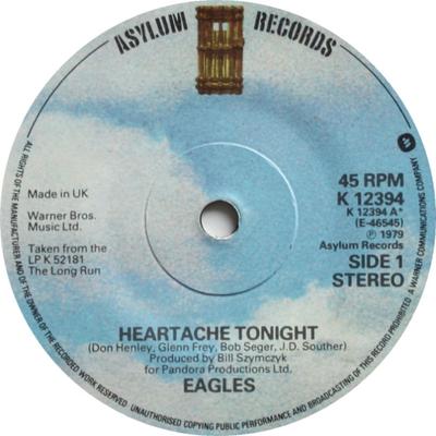7inch Record EAGLES - Heartache Tonight K12394 Asylum Records 1979 UK Rock Used