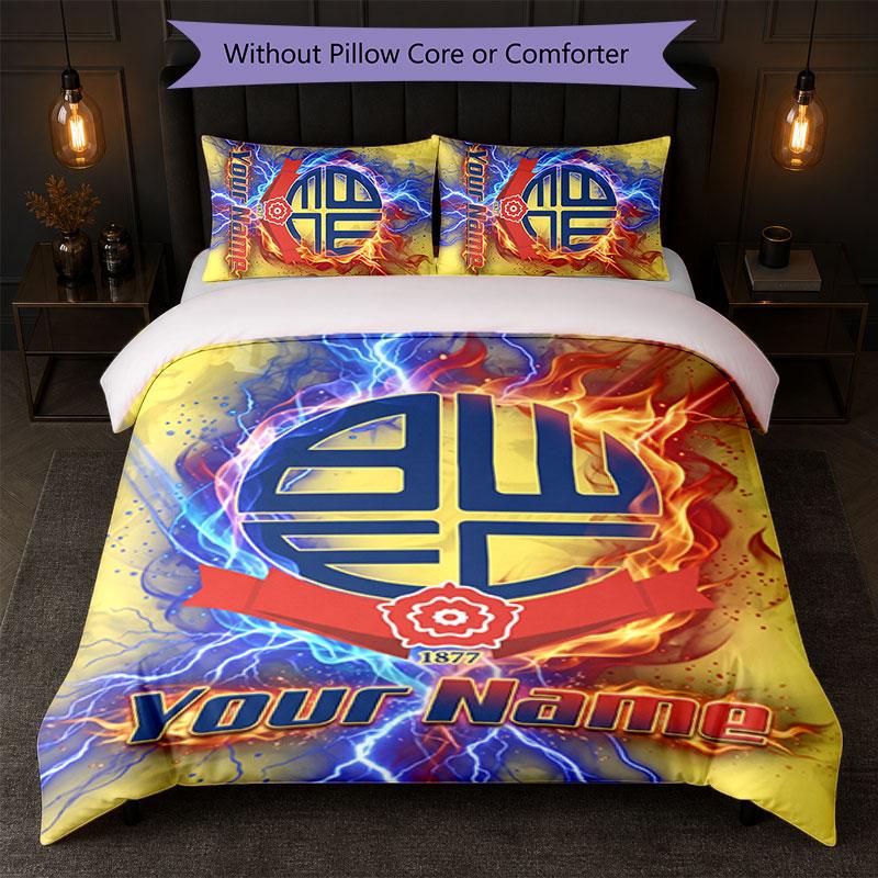 Bolton Wanderers FC Custom Name Text Bedding Set 1 Duvet Cover+2 Pillowcases Soccer Logo Personalized Gift For Special Occasion Bedroom Decor