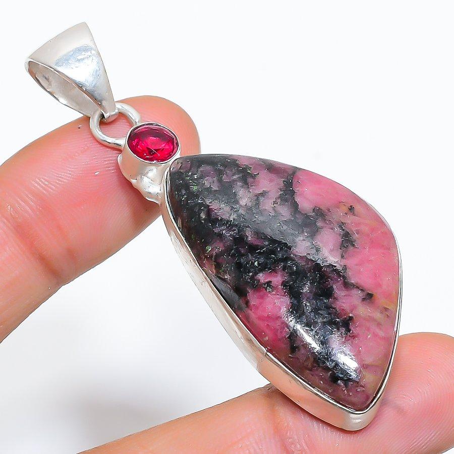 Rhodonite, Garnet Gemstone 925 Sterling Silver Jewelry Pendant 2.44" SU-8462