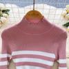 Pullover Kleider Frauen High Neck Herbst 2024 Sexy Slim Fit Farbe Blockiert Gestreiften Gestrickte Bodycon Kleid Streetwear Chic Kleider