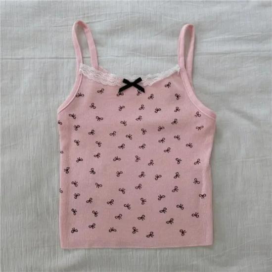 

Весна 2025 Женская милая майка с кружевной отделкой и бантом - Эластичная утягивающая майка One Size [Premium Version] розовый