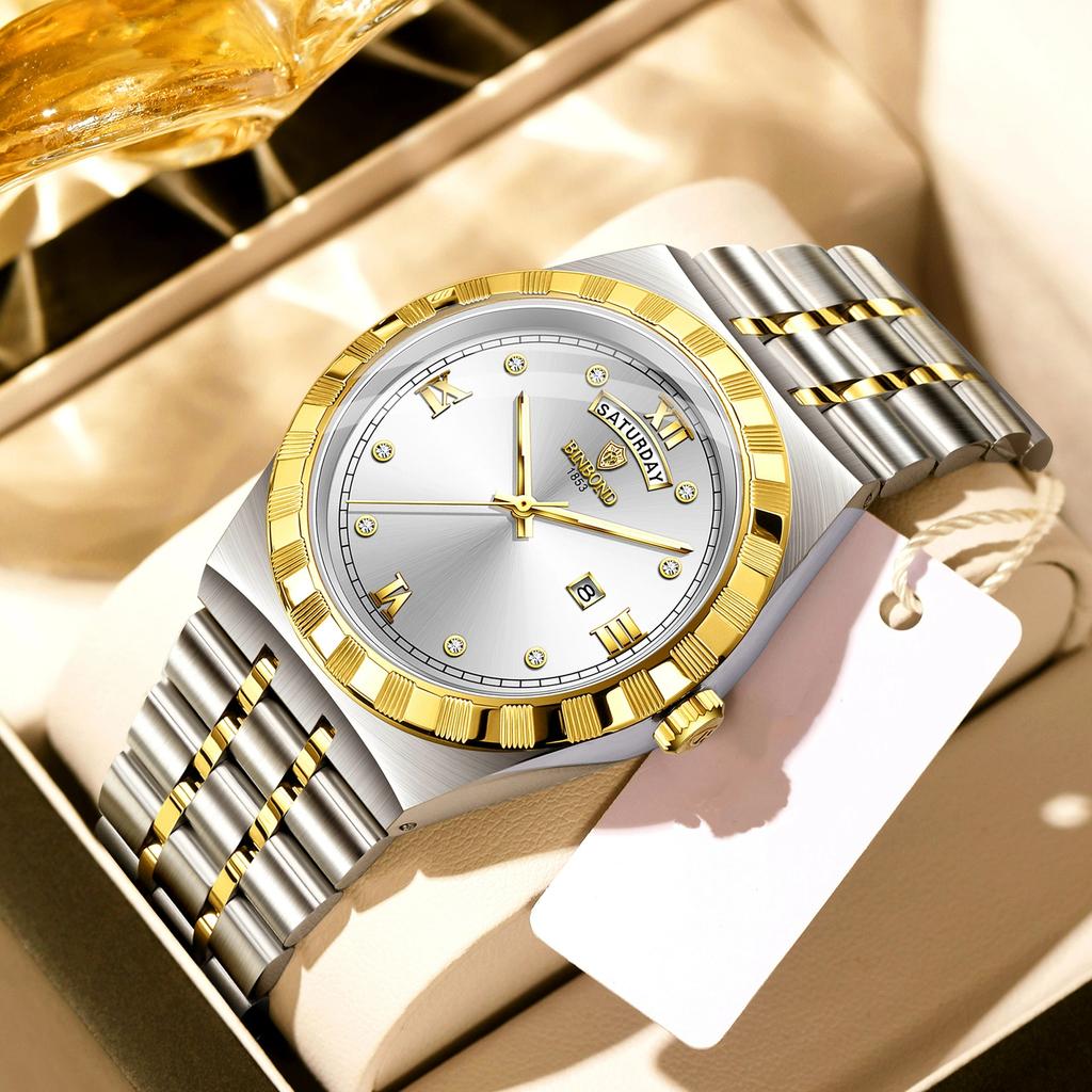 BINBOND Men's Watches Simple Fashion Original Quartz Watch for Man Texture Dial Stainless Steel Date Week Trend Dress Wristwatch