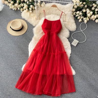 Vestido de una pieza con tirantes de malla sexy para mujer, dulce vestido de fiesta en la playa con volantes, diseño sólido, ropa elegante de moda femenina 2024