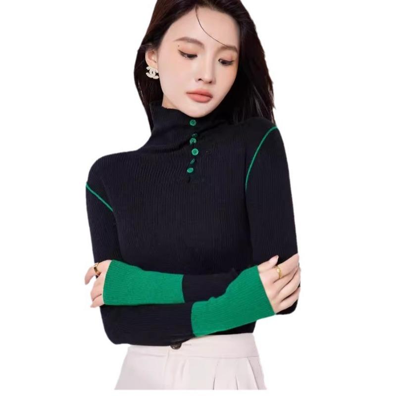 Autumn New Design Contrasting Color Splicing Turtleneck Knitted Sweater Silk Wool Blended Backing Inner Top