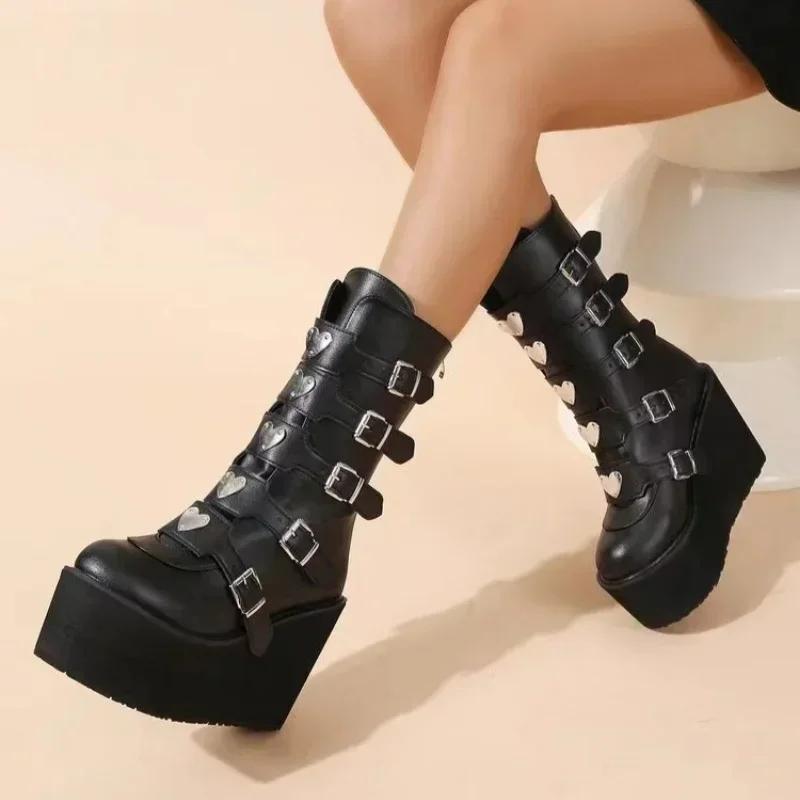 Fashion Gothic Street Cool Woman Boots Wedges Buckles Big Size 43 Glittered Black Chunky Platform Motorcycles Boots Women