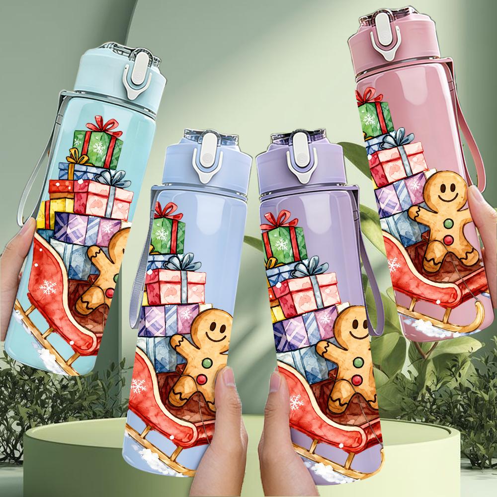 1PC Gingerbread Man Gift Sled Layout 750ml Color Plastic Water Bottle Leakproof Flip Straw Lid For Sports Office Home Use
