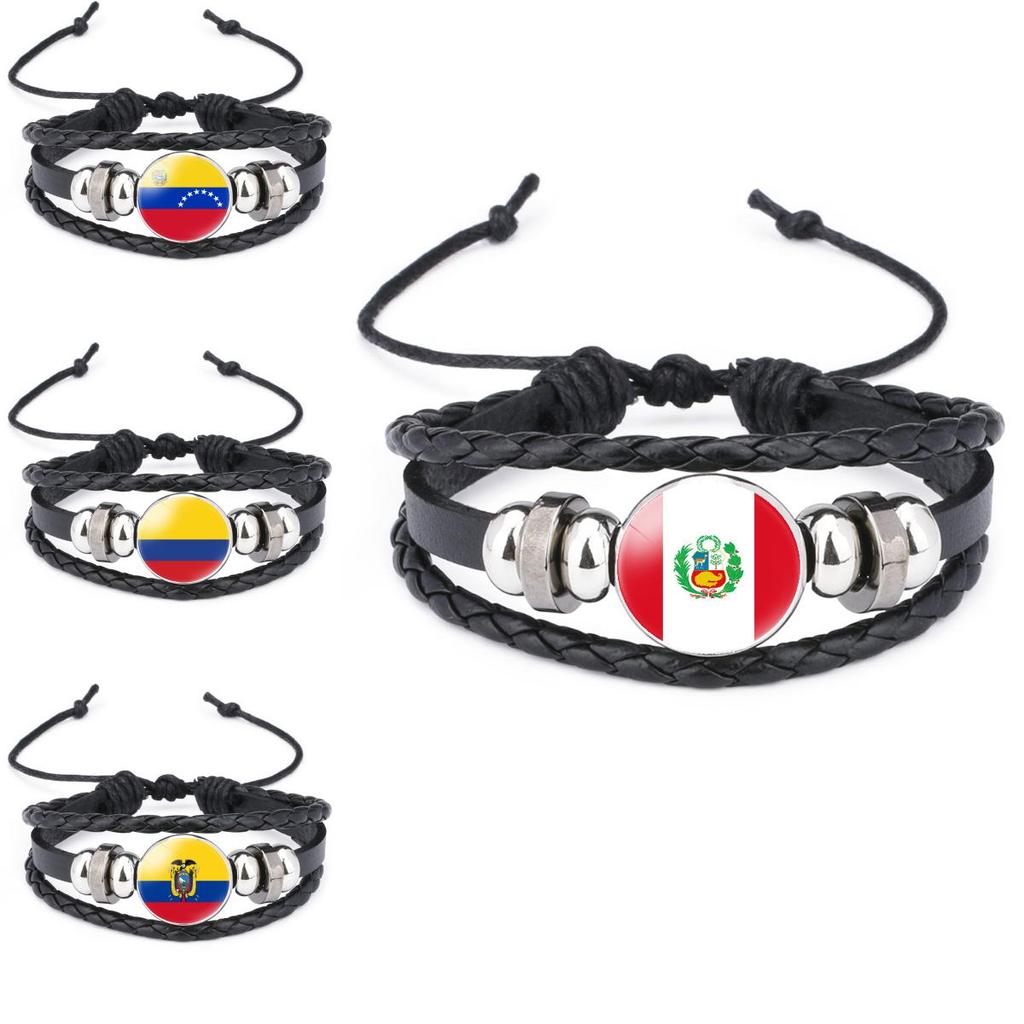 Unique South American Flag Time Gem Black Leather Multilayer Braided Bracelet