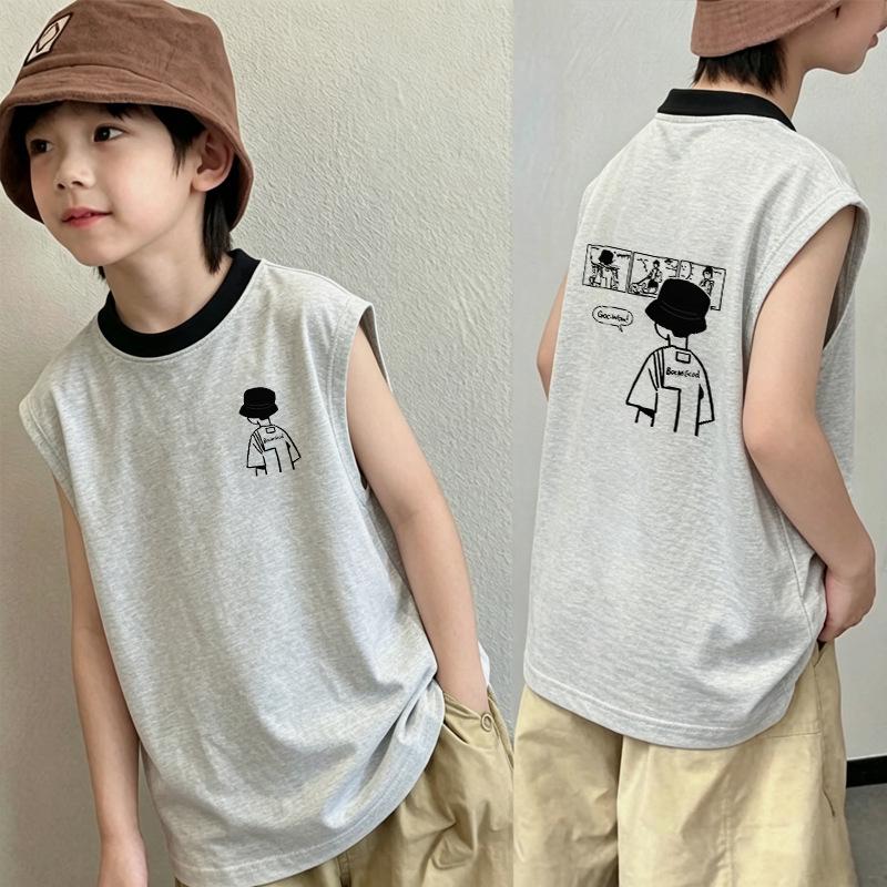 Korean Style Boys' Cotton Cartoon Color Block Sleeveless T-Shirt, Ages 6-12, New Summer Patchwork Vest Top