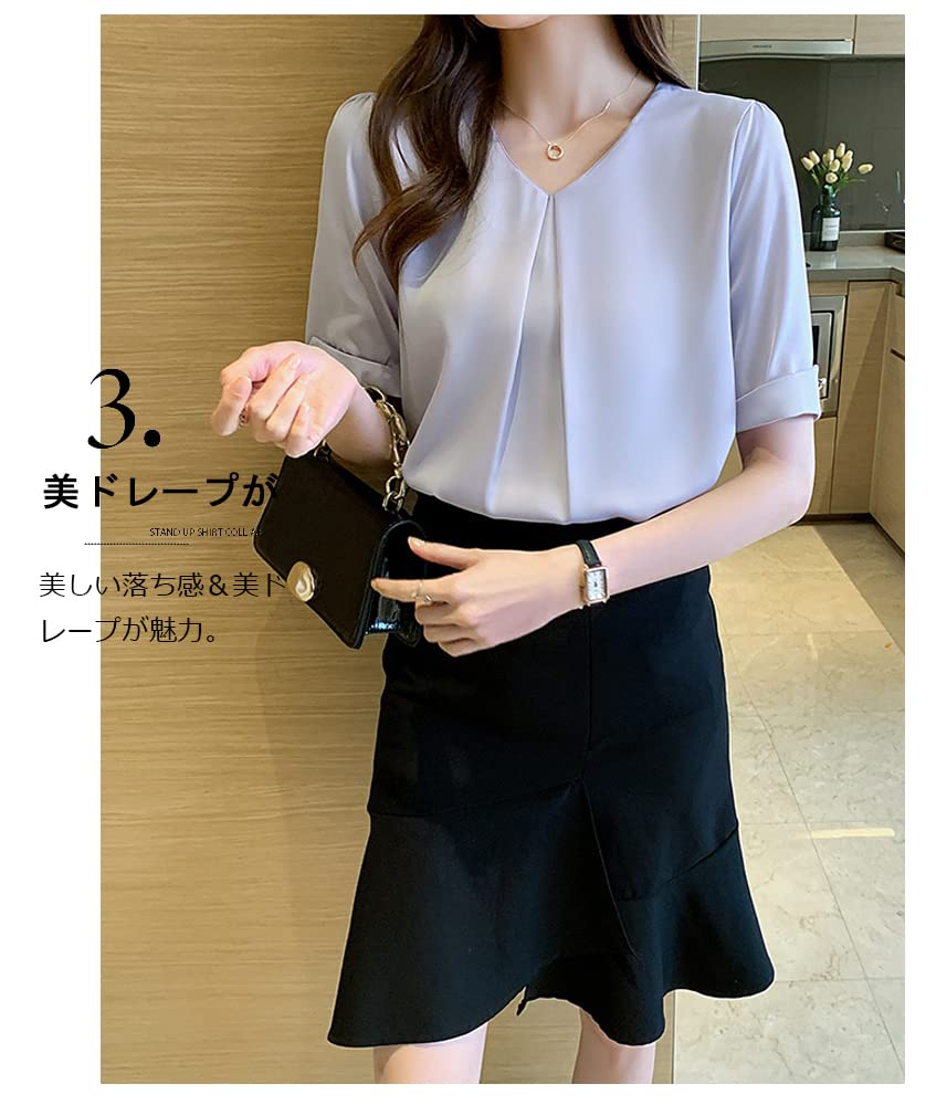 Short Chiffon Stylish Summer Fog [Xiaoyu] Women's Blouse, Sleeve, Office, Shirt, V-Neck, Top, Business, Commuting, Washable, Spring, (L, Blue)