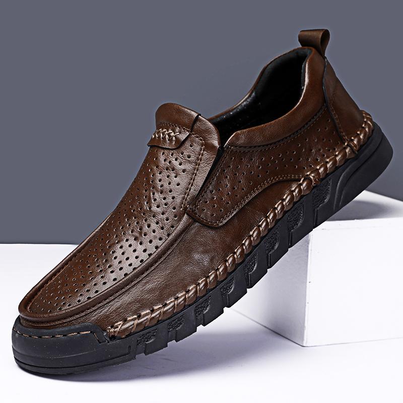 Men's Hollow Leather Shoes Handmade Moccasins Loafers Slip On Flats Walking Shoes