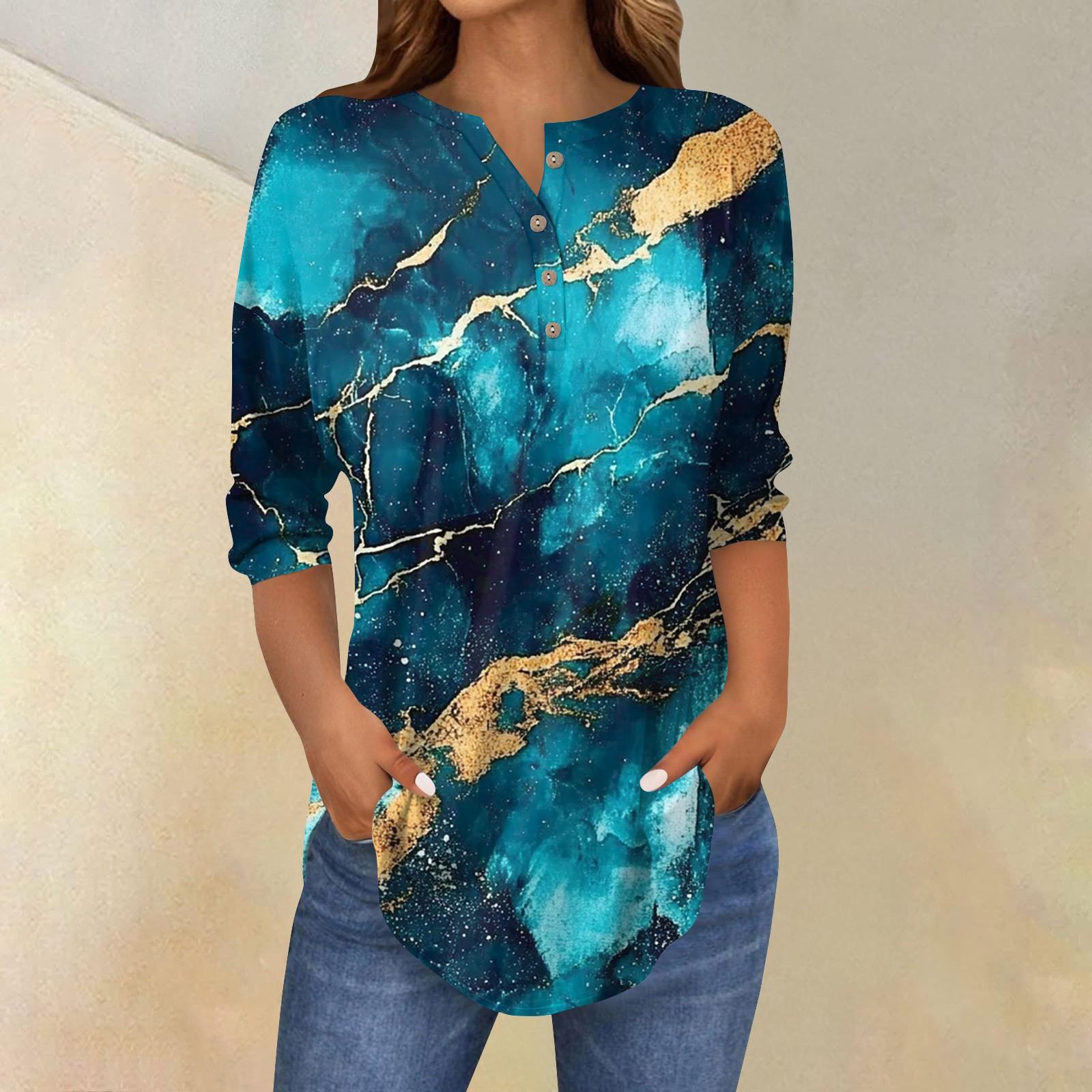 

Женская свободная футболка с воротником на пуговицах и винтажным цветочным принтом, рукав три четверти L циан