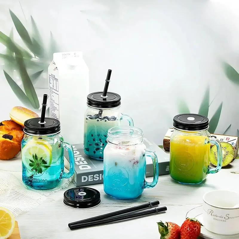 500ml pahare de sticlă gradient, pahar Mason cu mâner pentru băuturi reci, pahar de apă transparent din sticlă cu pai și capac, vase pentru băuturi cu lapte și cafea