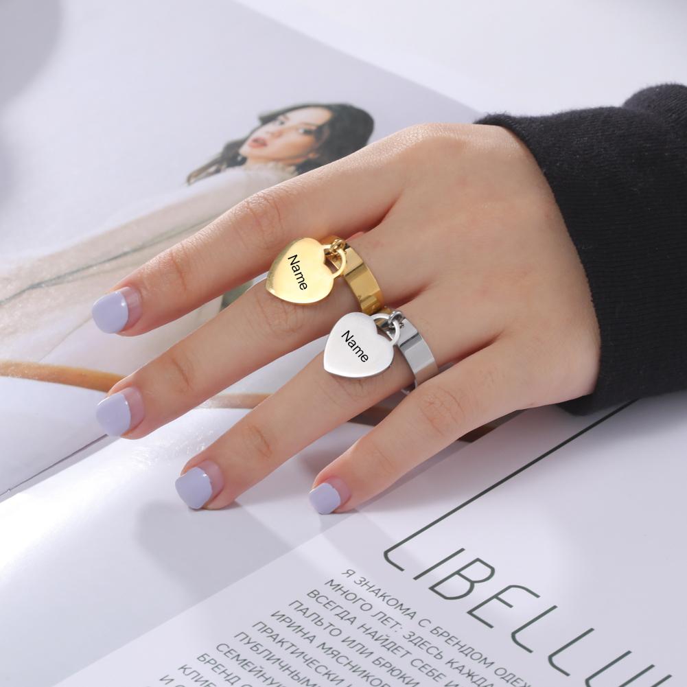 Punk Women Stainless Steel Rings Custom Name Ring Personalized Engraved Love Heart Pendant Ring Geometry Jewelry Christmas Gifts