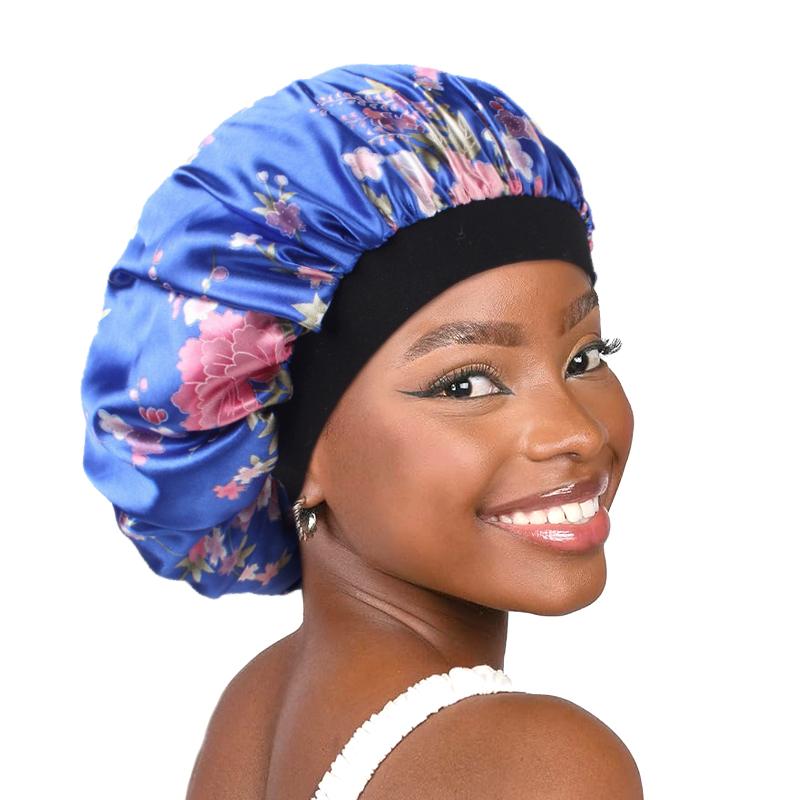 Women Satin Bonnet Elastic Wide Band Floral Printing Night Sleep Hat Hair Loss Head Wrap Chemo Hair Care Shower Makeup Cap