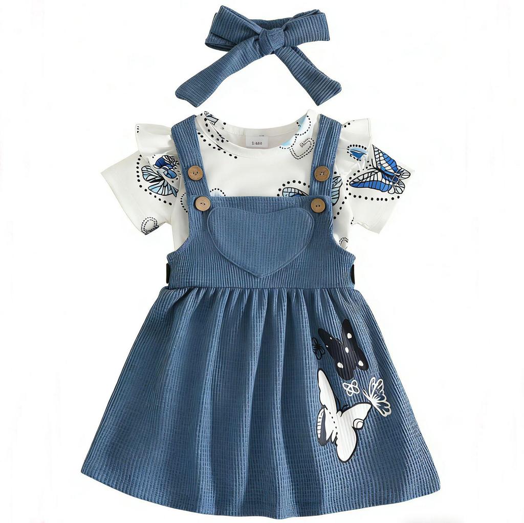 Summer Baby Girl Dress Set: Butterfly Heart Romper, Corduroy Suspender Skirt & Hairband