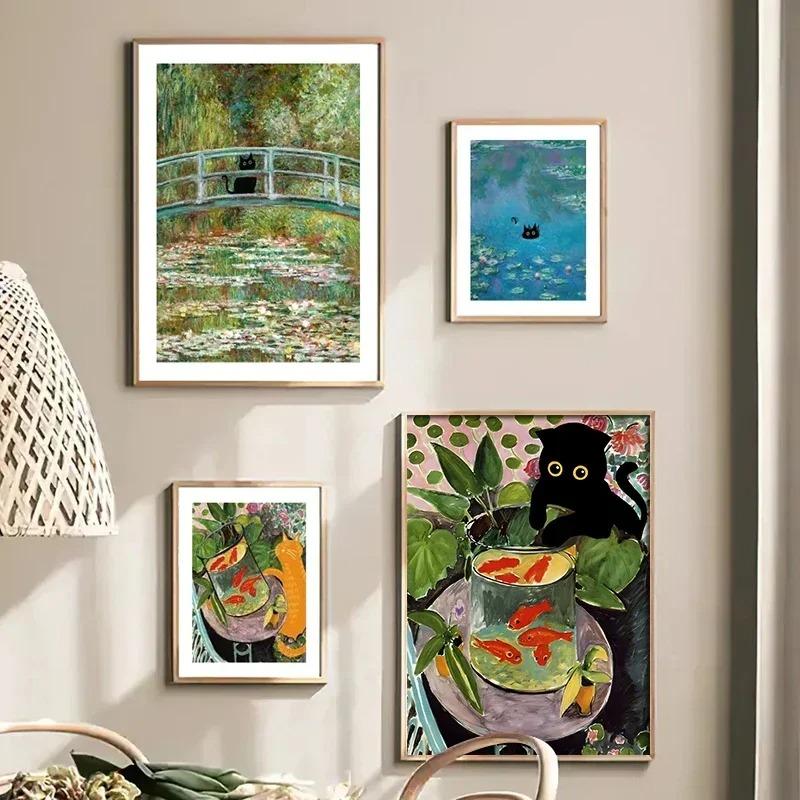 Black Cat Van Gogh Sunflowers Funny Art Matisse Monet Canvas Painting Posters And Prints Wall Pictures For Living Room Decor