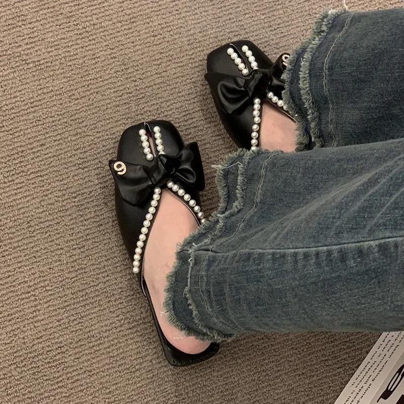 Fashion 2025Women's Fashion Slippers Bow Pearl Digital Metal Decoration Heel Wrap Shoes Leisure Sweet Flat Sole Zapatillas De Mujer