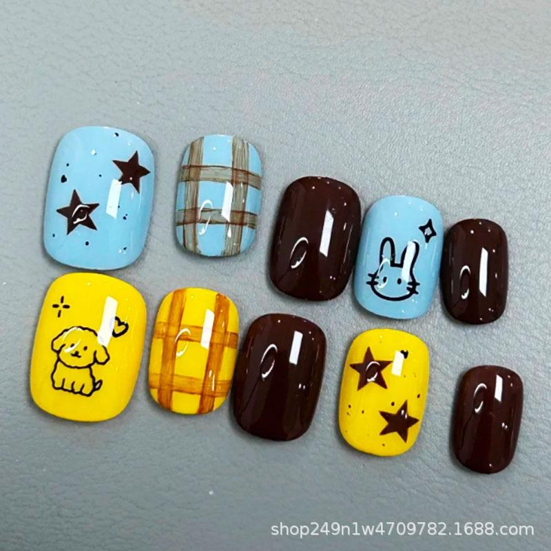 30Pcs Cute Cartoon Short Bean Shaped Press On Nails Autumn Winter Niche Design Fake Nails Gift For Girls And Friends
