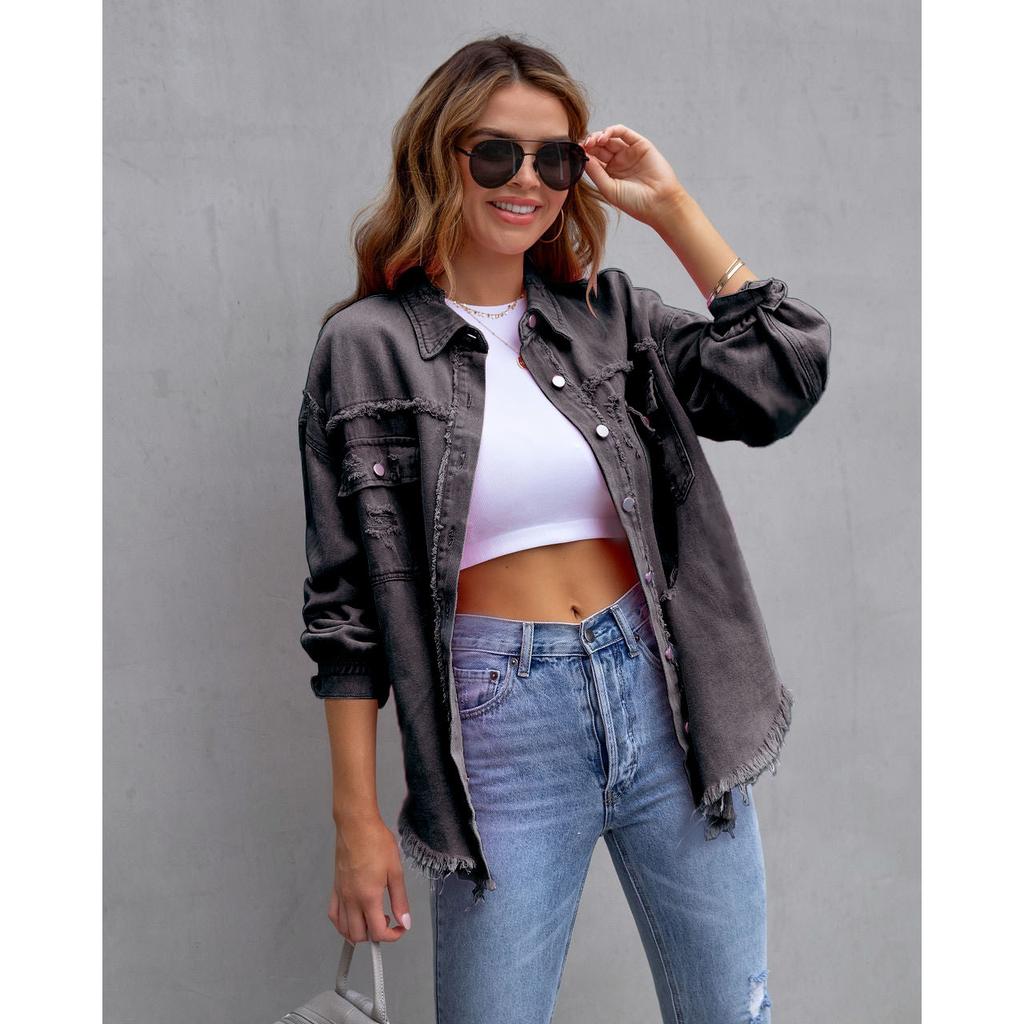 Spring Autumn Women's Holes Raw-edges Denim Jacket Women Shirt Style Jeancoat Casual Top  Outerwear Lady Coat