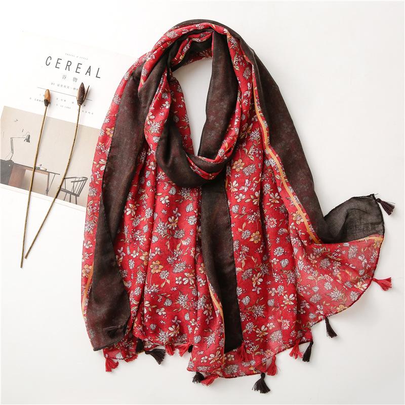 New Fashion Luxury Brand Bohemian Floral Tassel Viscose Shawl Scarf Lady High Quality Wrap Pashmina Stole Muslim Hijab 180*90Cm
