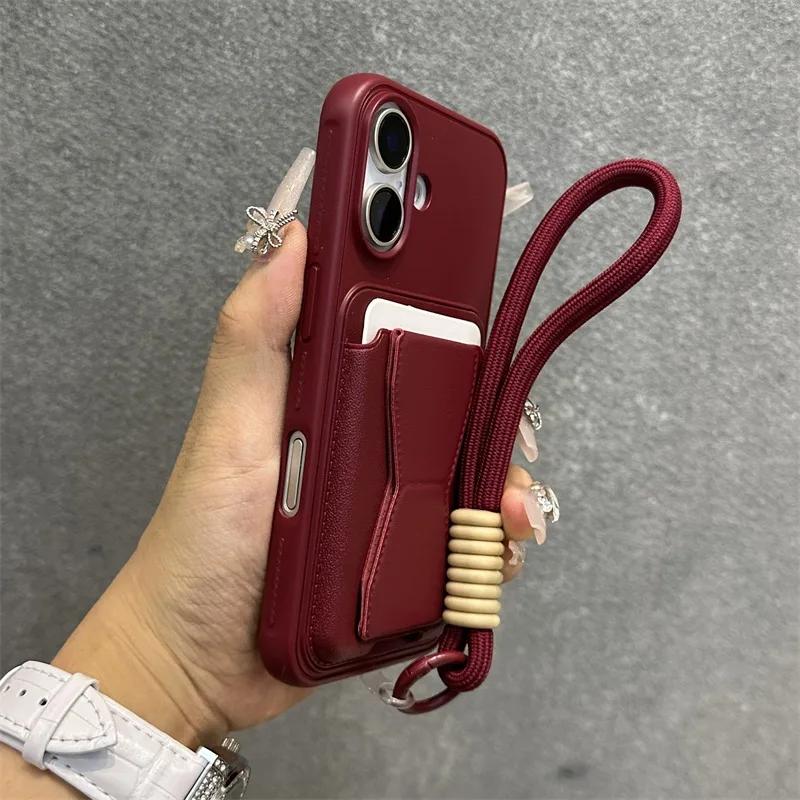 Moda Cüzdan Kredi Kartı Yuvası Arkasında Kordonlu Kapak iPhone 17 Air 13 Pro Max 12 11 Xr 14 15 16 Pro Max İçin PU Deri Kılıf