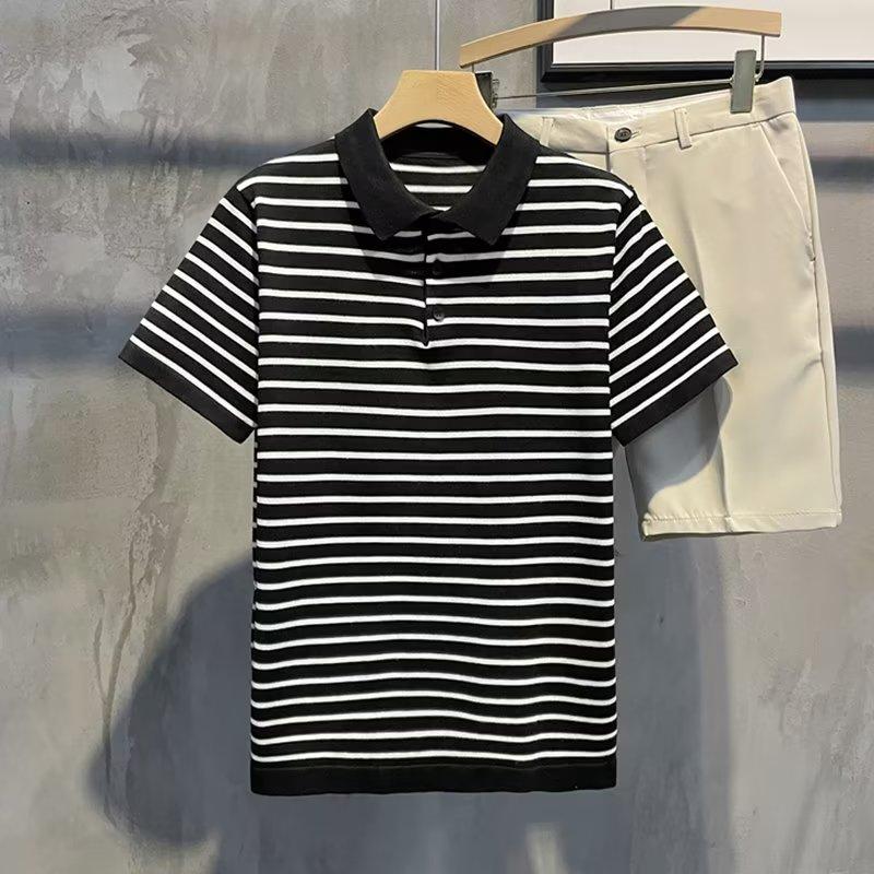 

Мужская повседневная рубашка-поло с квадратным воротником и коротким рукавом, полосатая мужская рубашка, тонкий топ M чёрный