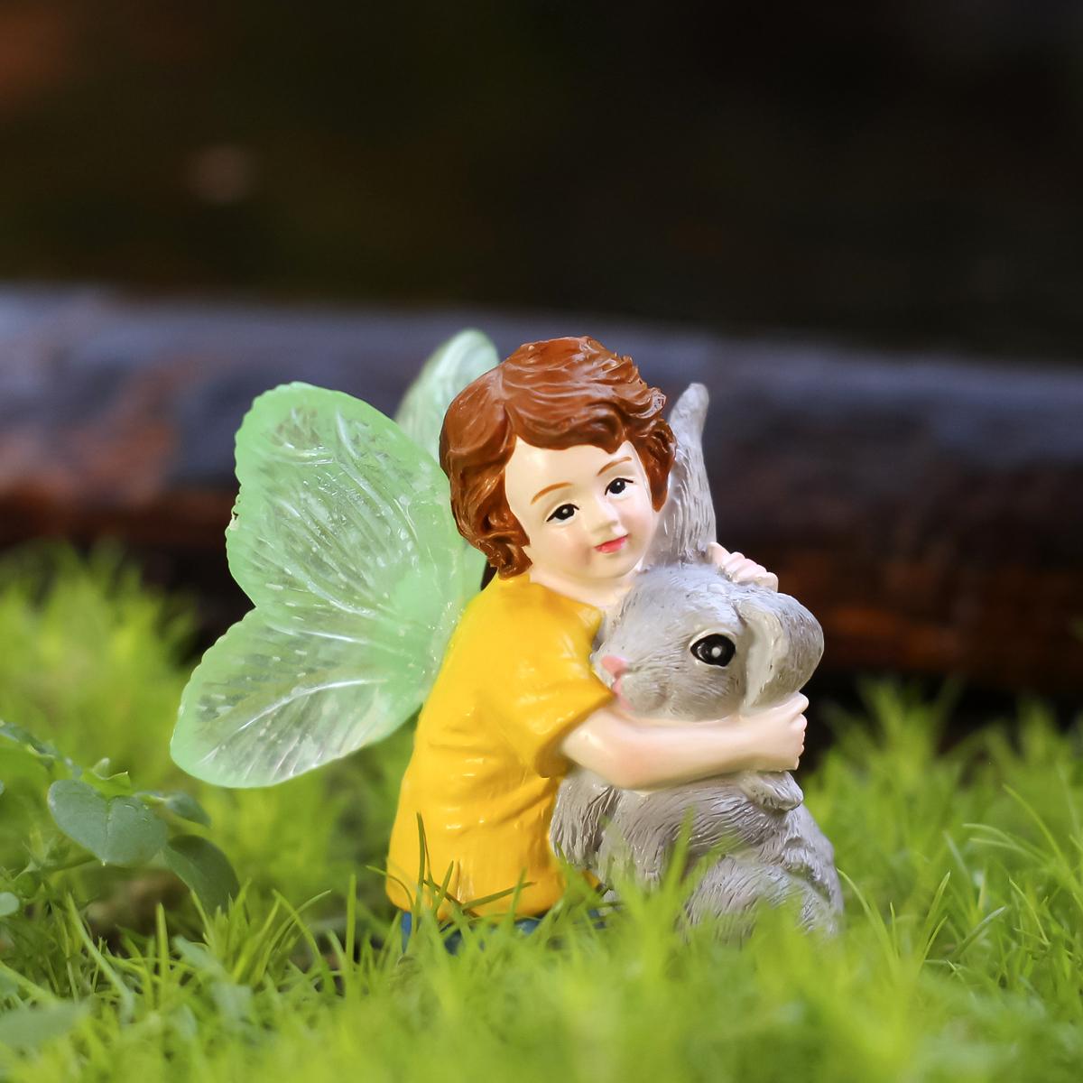 1 Fluorescent Wings Boy Flower Fairy Embracing Rabbit, Spring Garden Bonsai Decoration, Easter Rabbit, Family Gift