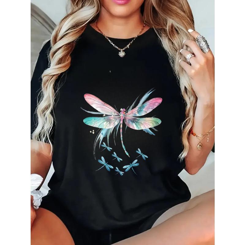 Oversized T Shirt Black Dragonfly Print And Small Dragonflies Summer Casual Wear