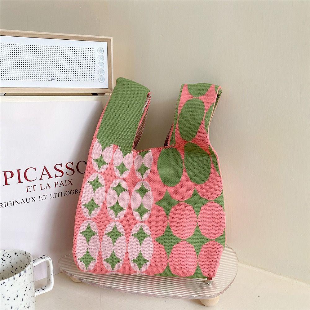 Mini Karo Strick Handtasche Nischen Design Damen Mädchen Tragetasche Handgeknüpft Knoten Handgelenk Tasche Lässig Farbe Umhängetasche Einkaufstaschen