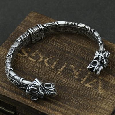Nordic Viking Wolf Head Bracelet For Men Women Norse Cuff Wristband Talisman Jewelry