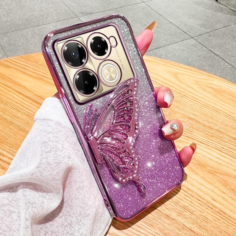 Chuan Yin Note40 Glitter Butterfly Stand Phone Case - Electroplated Diamond Flowing Sand Design for HOT40/GT20pro